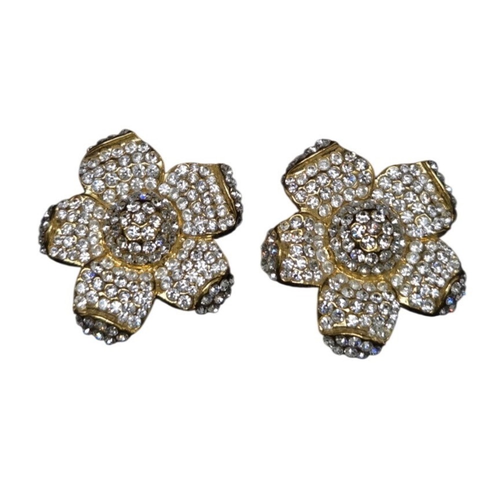 Vintage Floral Jarin Clip on Earrings with Swarovski Crystals Made in USA